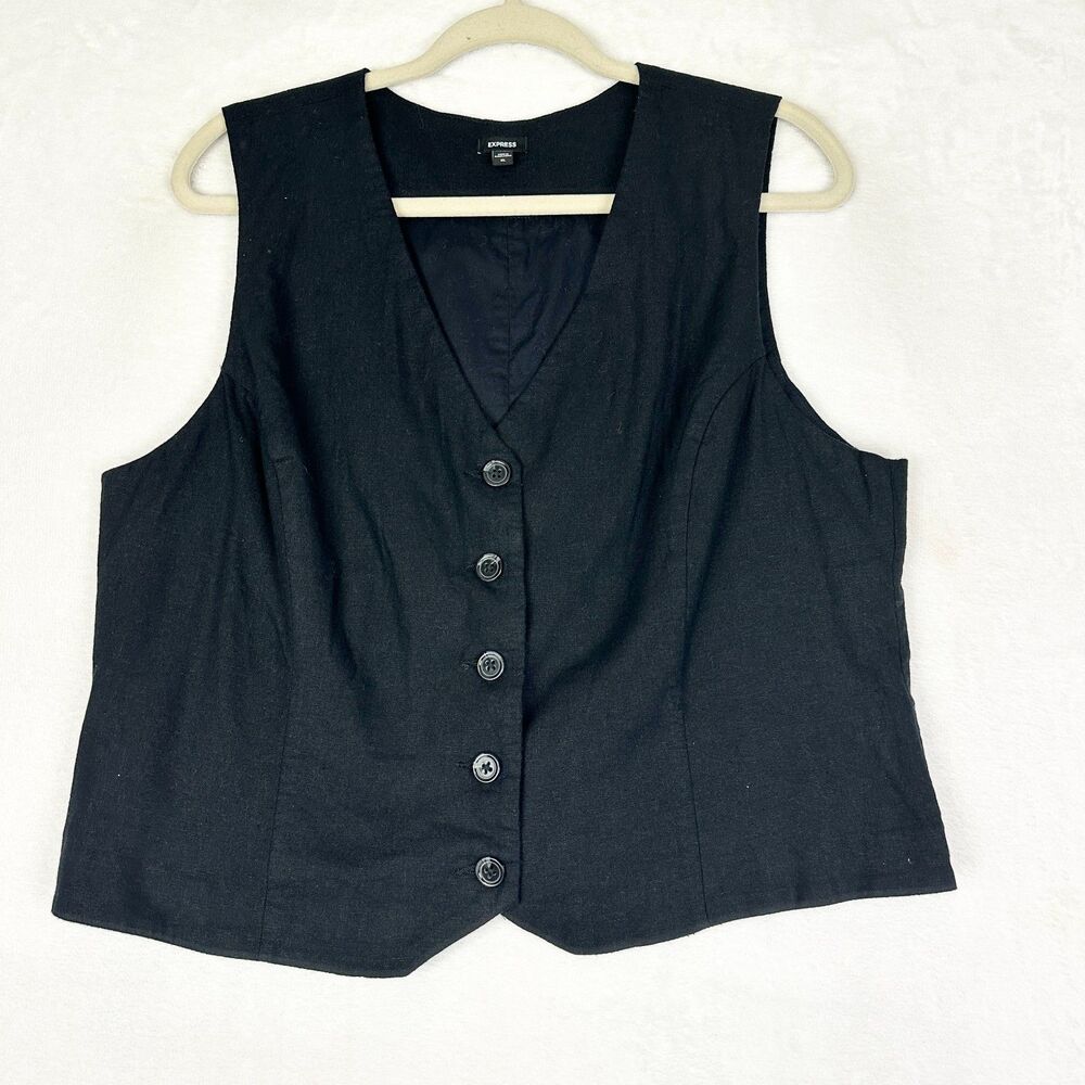Express Women's Linen Vest Size XL Black Five Button